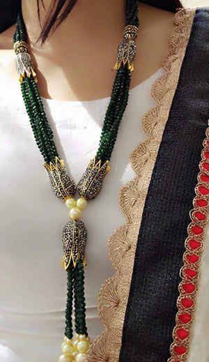 Green Beads Long Victorian Necklace/ Indian Jewelry/ Indian Necklace/ Indian Wedding/ Kundan Necklace/ Kundan Jewelry/ Jewelry