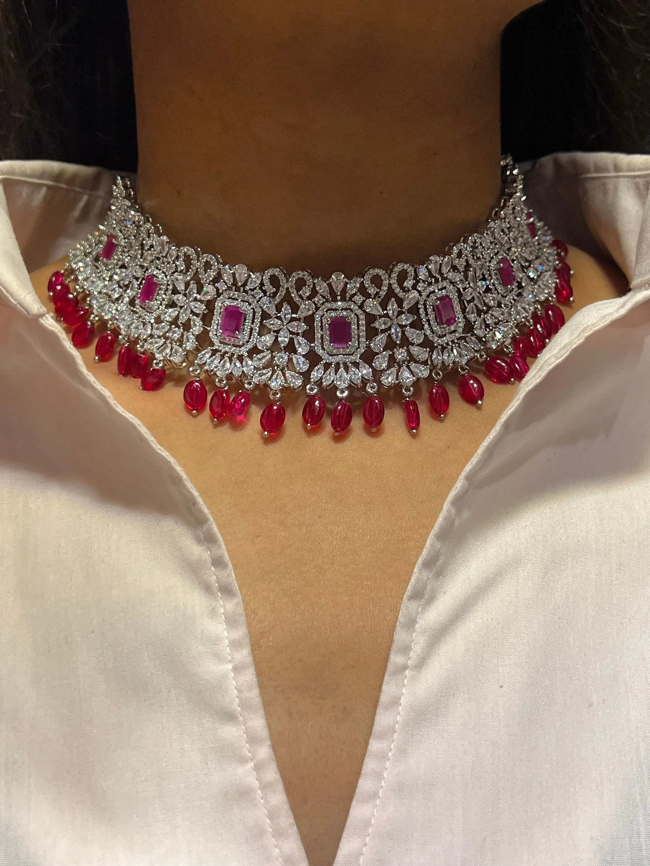 Pari Ruby Diamond Choker CZ Choker American Diamond Necklace Set Choker Necklace Indian Cubic Zirconia Necklace Pakistani Jewelry