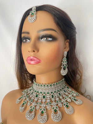 Noor Emerald Diamond CZ Necklace Indian Bridal Jewelry Indian Jewelry Emerald Diamond Necklace American Diamond Necklace Set CZ