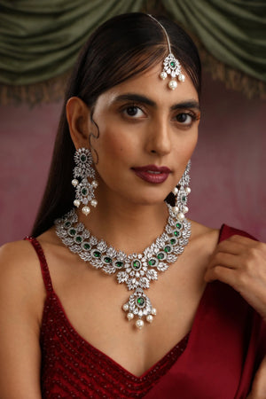 Emerald Pearl Necklace With Earrings And Tikka in White Gold CZ Necklace American Diamond Set Diamond Indian Necklace Indian Bridal Jewelry