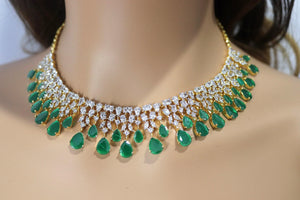 June Gold Emerald Green CZ Diamond Necklace Statement Jewelry Statement Necklace Pakistani Jewelry Indian Necklace CZ choker AmericanDiamond