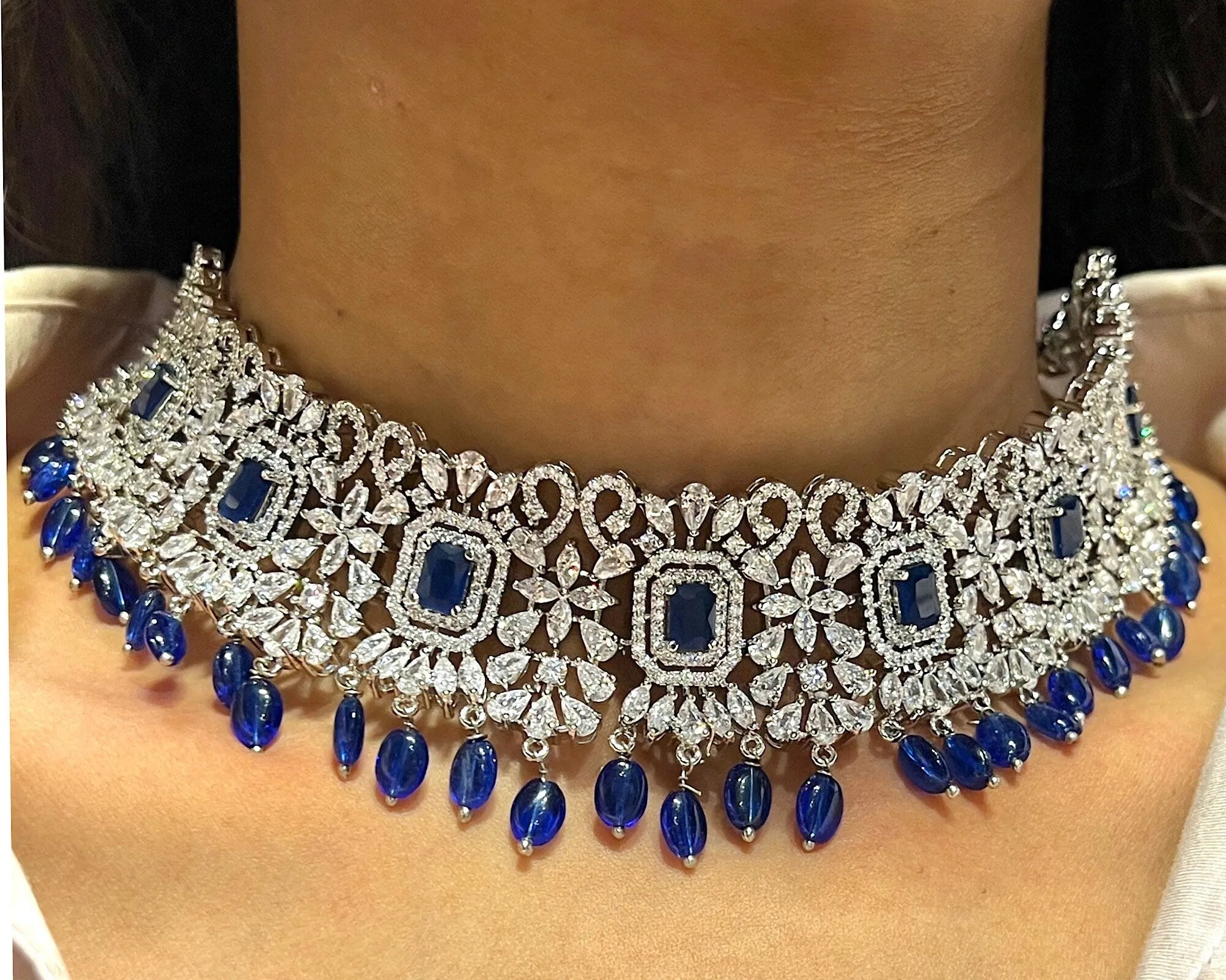 Pari Blue Diamond Choker CZ Choker American Diamond Necklace Set Choker Necklace Indian Cubic Zirconia Necklace Pakistani Jewelry