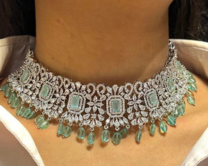 Sold Out Pari Mint Diamond Choker CZ Choker American Diamond Necklace Set Choker Necklace Indian Cubic Zirconia Necklace Pakistani Jewelry