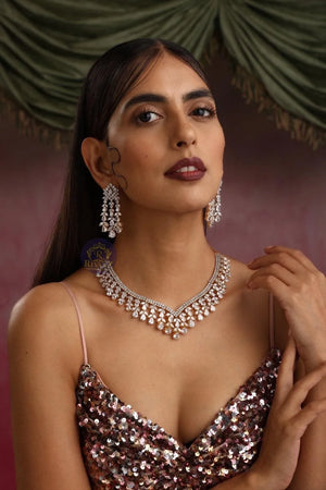 Sold Out Diana Rose Gold CZ Necklace With Earrings American Diamond CZ Necklace Choker Necklace Indian Cubic Zirconia Necklace