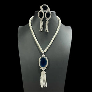 Sapphire Pearl Pendant long Necklace with Earrings and Ring / Long Indian Necklace/ Indian Jewelry/ Green beads Necklace/ Pakistani Jewelry