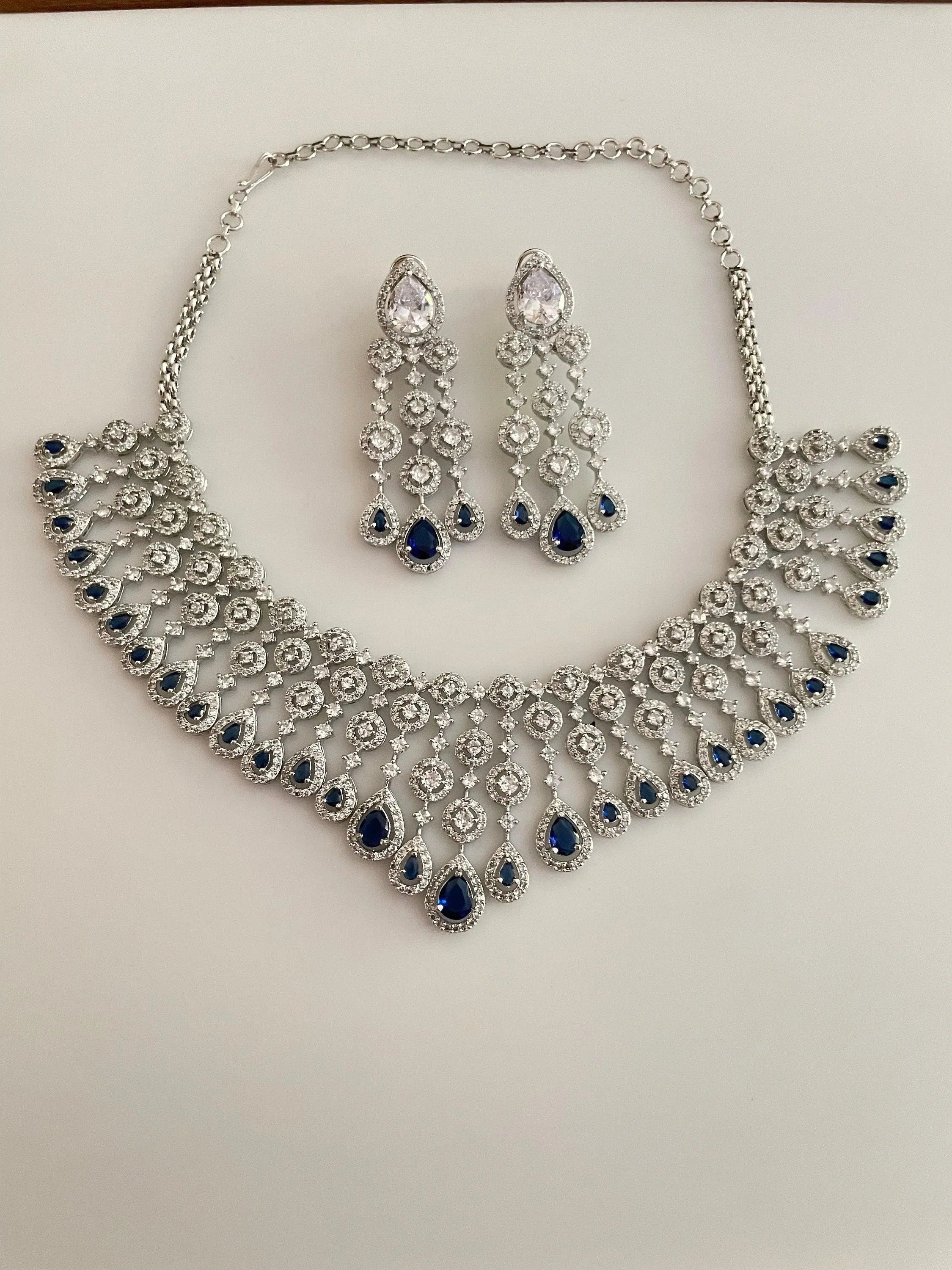 Sapphire CZ Diamond Necklace | Indian Jewelry | Pakistani Jewelry | Indian CZ Necklace Set | American Diamond Necklace Blue Diamond