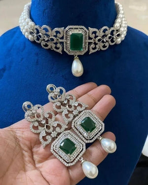 CZ Diamond Choker Necklace with earrings Indian jewelry Crystal Choker Indian Choker Pakistani jewelry Bollywood jewelry American Diamond