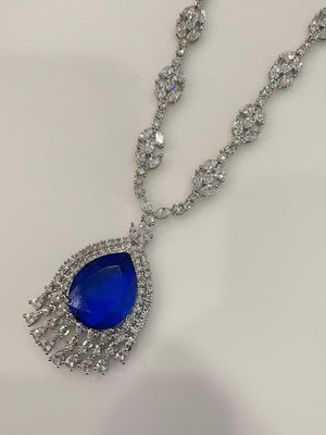 Nora Sapphire Blue CZ Pendant Necklace Statement Jewelry Statement Necklace Diamond Crystal American Diamond Indian Jewelry