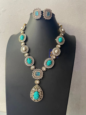 Pre Order Turquoise Victorian Long Necklace Set, Indian Long Necklace, Victorian Jewelry India Made of Semiprecious Stones, Kundan Long