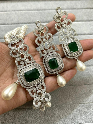 CZ Diamond Choker Necklace with earrings Indian jewelry Crystal Choker Indian Choker Pakistani jewelry Bollywood jewelry American Diamond