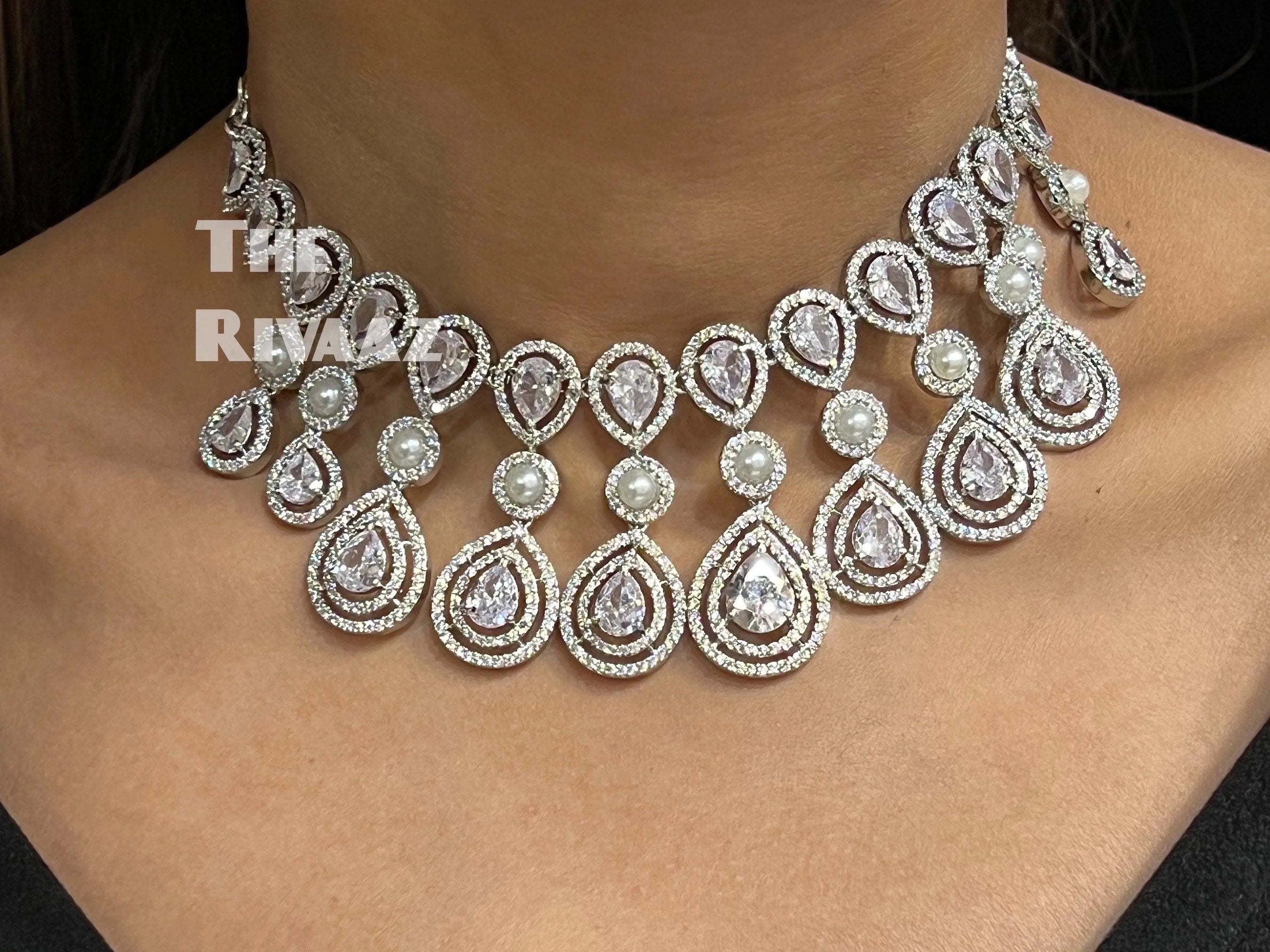 Kysha Diamond CZ Pearl Necklace Indian Jewelr Indian Necklace Pakistani Jewelry Crystal Necklace Statement Necklace American Diamond