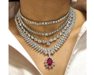 Ruby Multilayer Diamond CZ Necklace Statement Jewelry Statement Necklace American Diamond Necklace Indian Jewelry Necklace Set