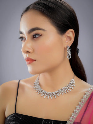 Kim Silver CZ Diamond Necklace Statement Jewelry Wedding Jewelry Crystal Necklace Indian Jewelry American Diamond Set