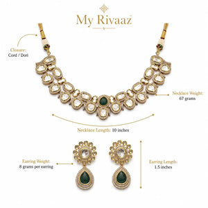 Gold-toned traditional necklace and matching earrings with green teardrop stones, shown on a white background with measurement labels and the brand name My Rivaaz.