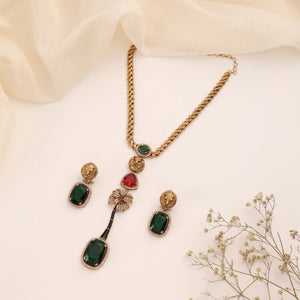 Jaguar Long Necklace Set with Emerald & Ruby Colored Stones - Bollywood Jewelry