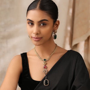 Jaguar Long Necklace Set with Emerald & Ruby Colored Stones - Bollywood Jewelry