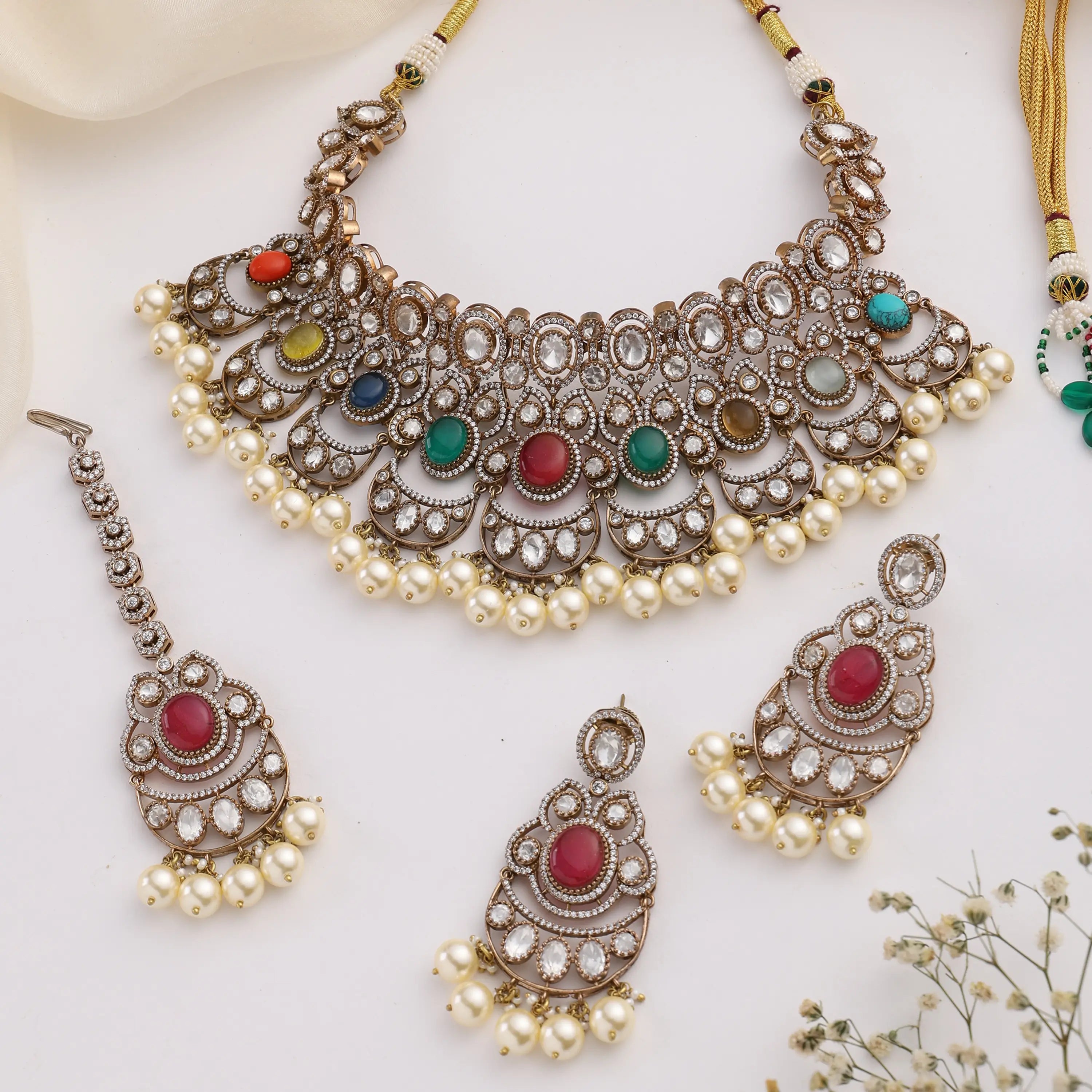 Kajal Navratan Fine Kundan Choker Set with Earrings & Tikka