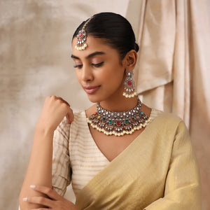 Kajal Navratan Fine Kundan Choker Set with Earrings & Tikka