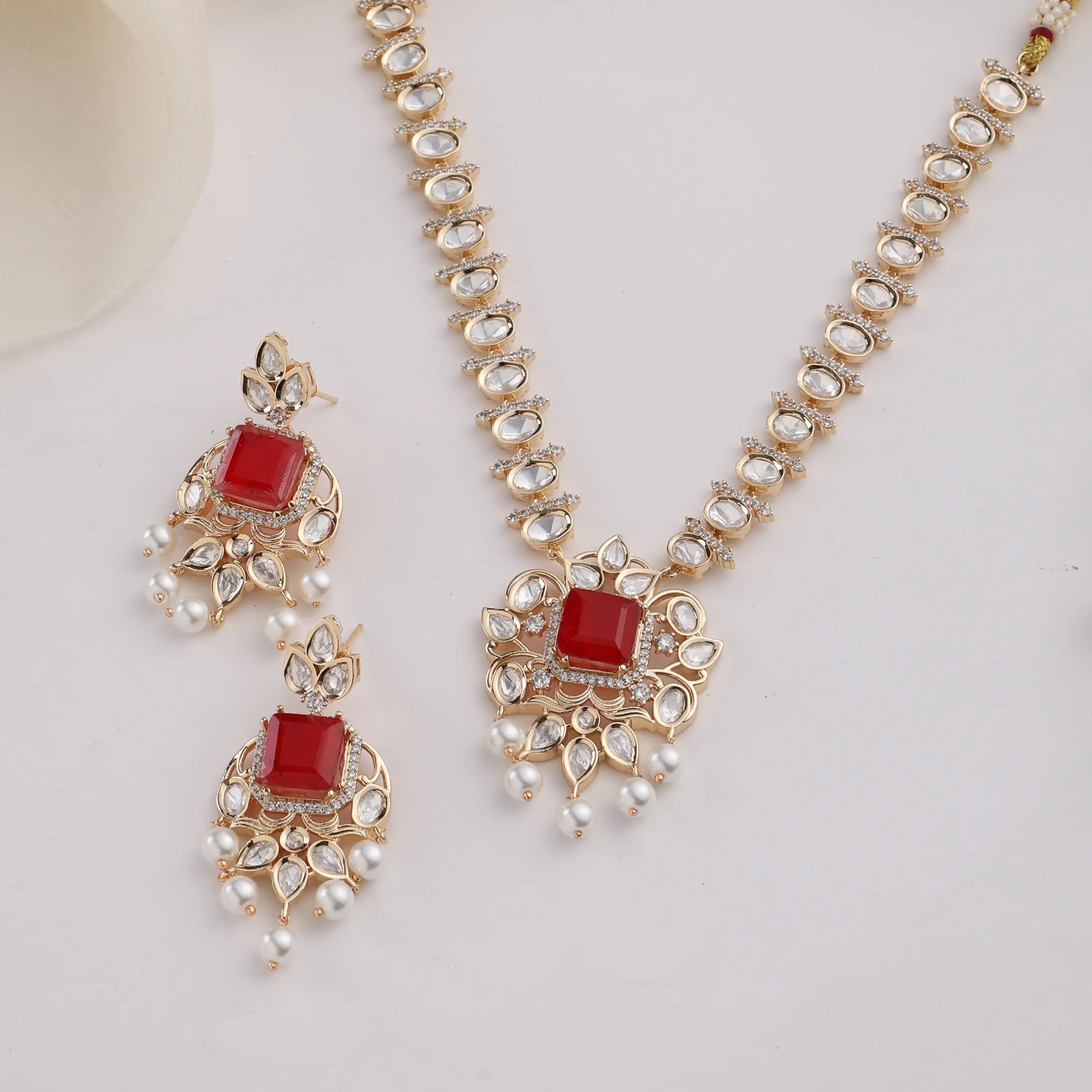 Laal Sheesha Noor Polki Necklace Set with Red Stone & Pearl Drop Earrings