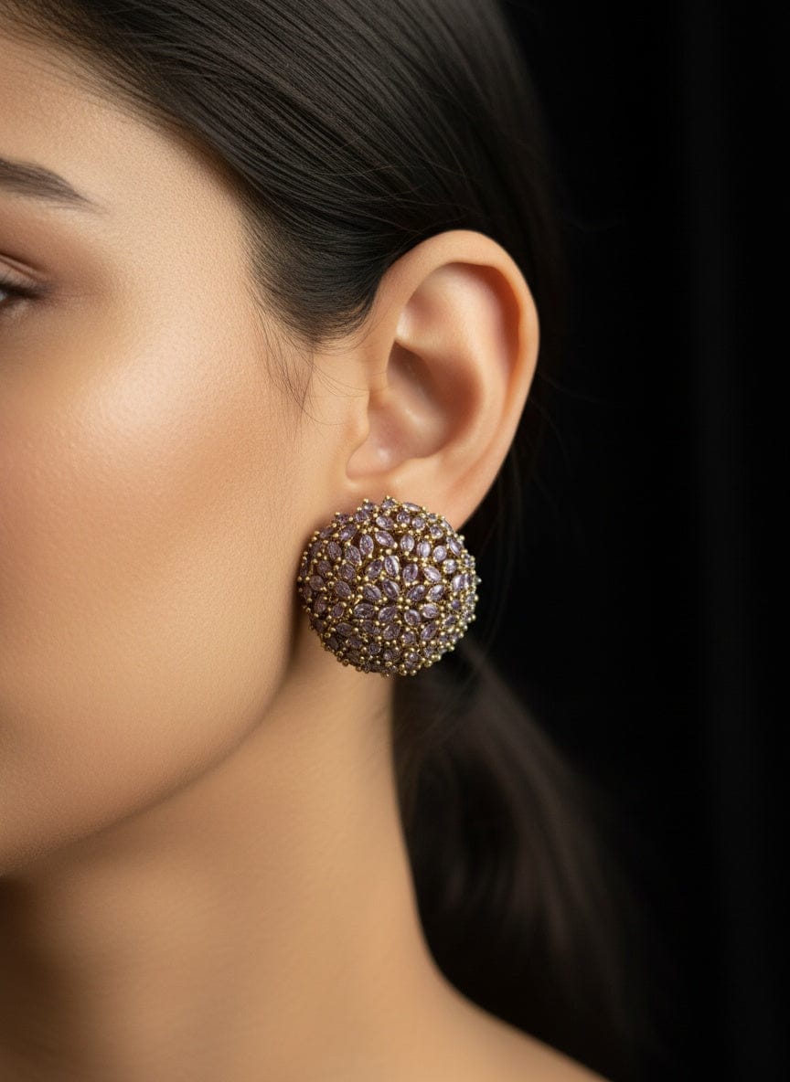 Lavender CZ Cluster Round Earrings in Antique Gold Finish