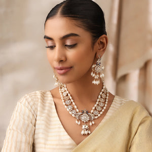 Layered Pearl Kundan Necklace with Peacock Motif & Statement Earrings