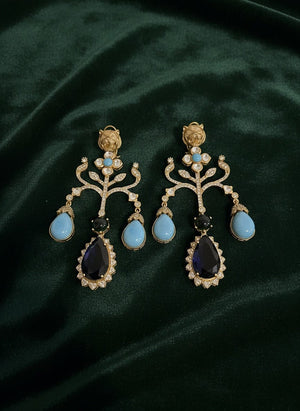 Long Jaguar Earrings in Turquoise, Green & Blue Stones | Antique Plated Kundan Statement Earrings