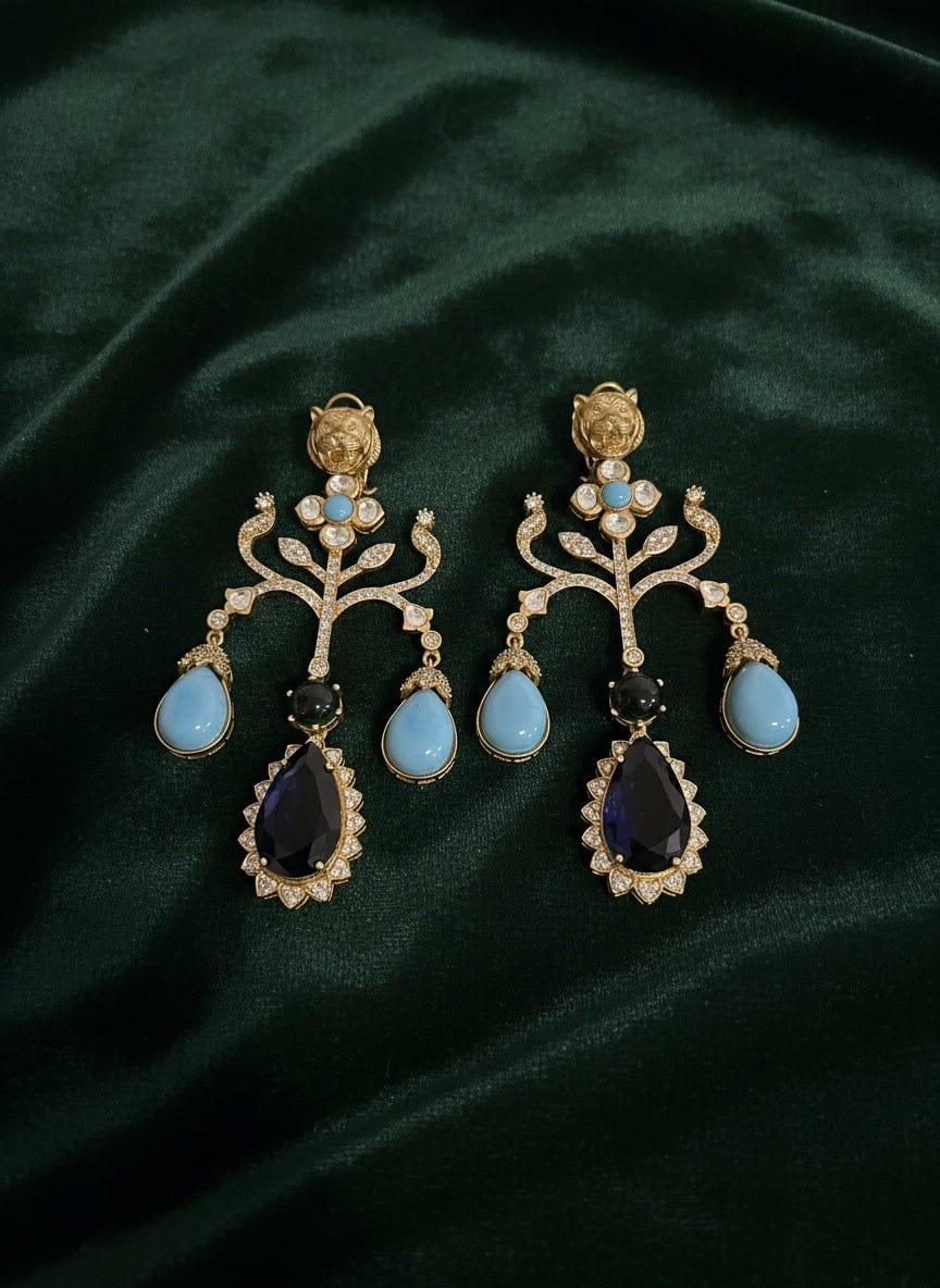 Long Jaguar Earrings in Turquoise, Green & Blue Stones | Antique Plated Kundan Statement Earrings