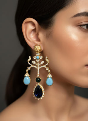 Long Jaguar Earrings in Turquoise, Green & Blue Stones | Antique Plated Kundan Statement Earrings