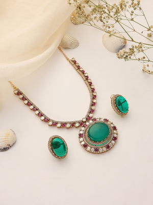 Maharani Emerald Polki Necklace Set with Ruby Accents