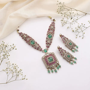 Meher Long Emerald Ruby Royale Kundan Necklace Set (Necklace + Long Earrings)
