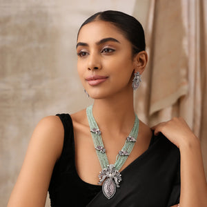 Mint Floral Long Necklace Set with Purple Stones