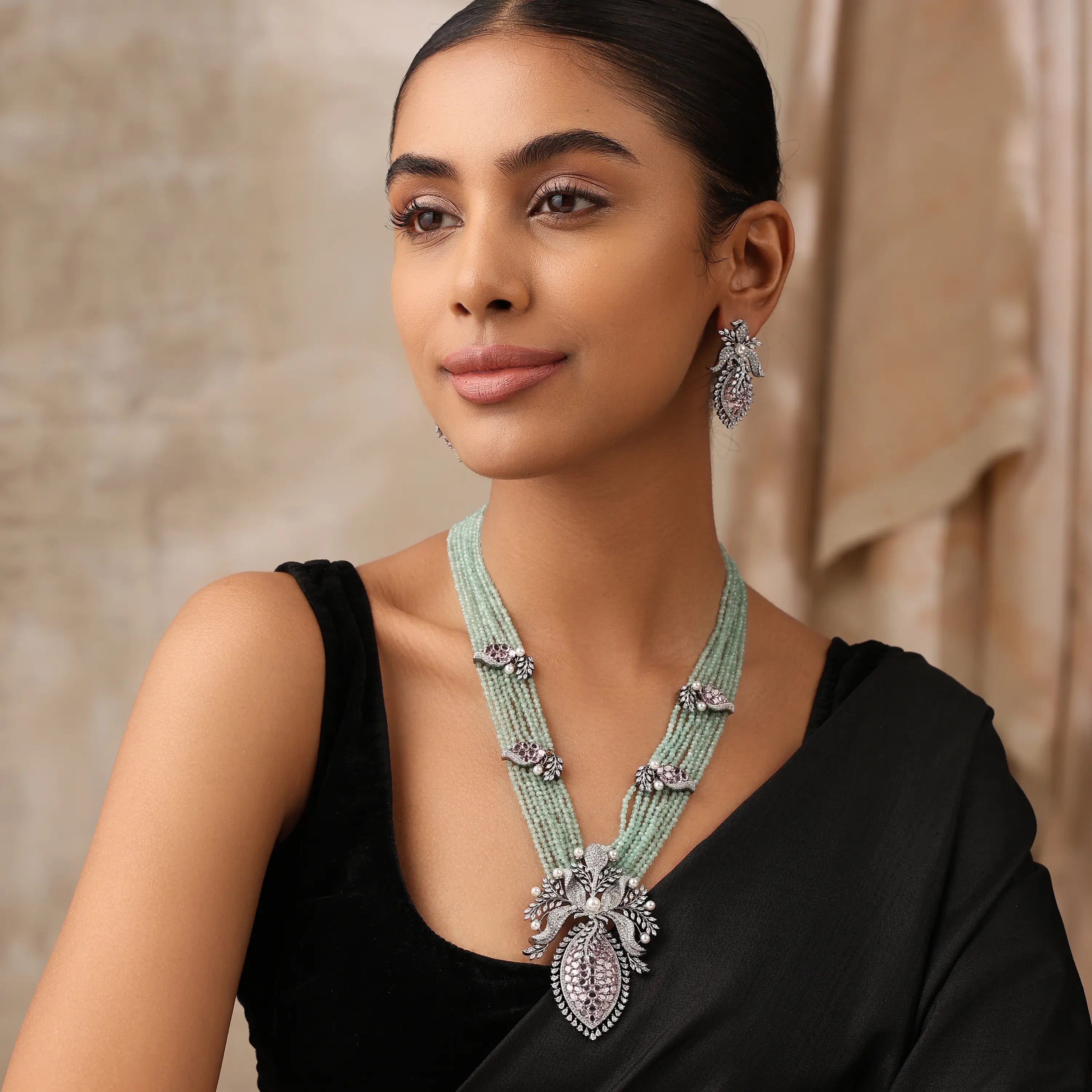 Mint Floral Long Necklace Set with Purple Stones