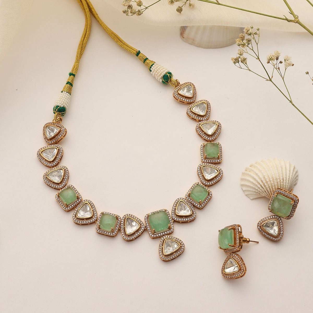 Amaira Mint uncut polki choker necklace with earrings flatlay