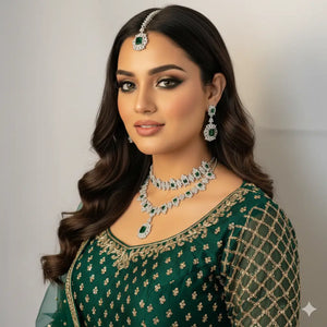 Misha Emerald 5-Piece Set (Choker + Long Haar + Earrings + Tikka)