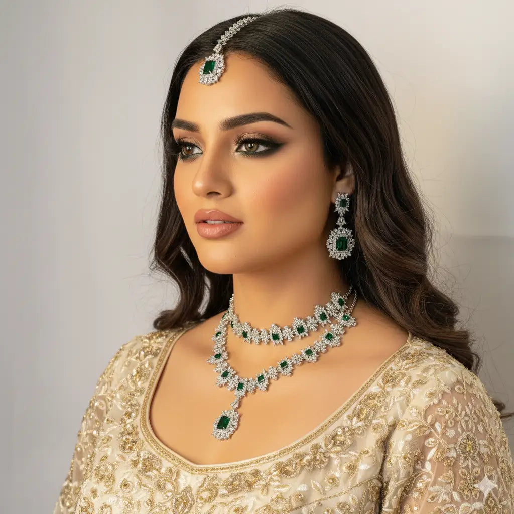 Misha Emerald 5-Piece Set (Choker + Long Haar + Earrings + Tikka)