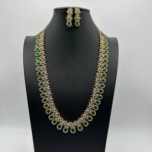 April Gold Emerald CZ long Necklace with Earrings