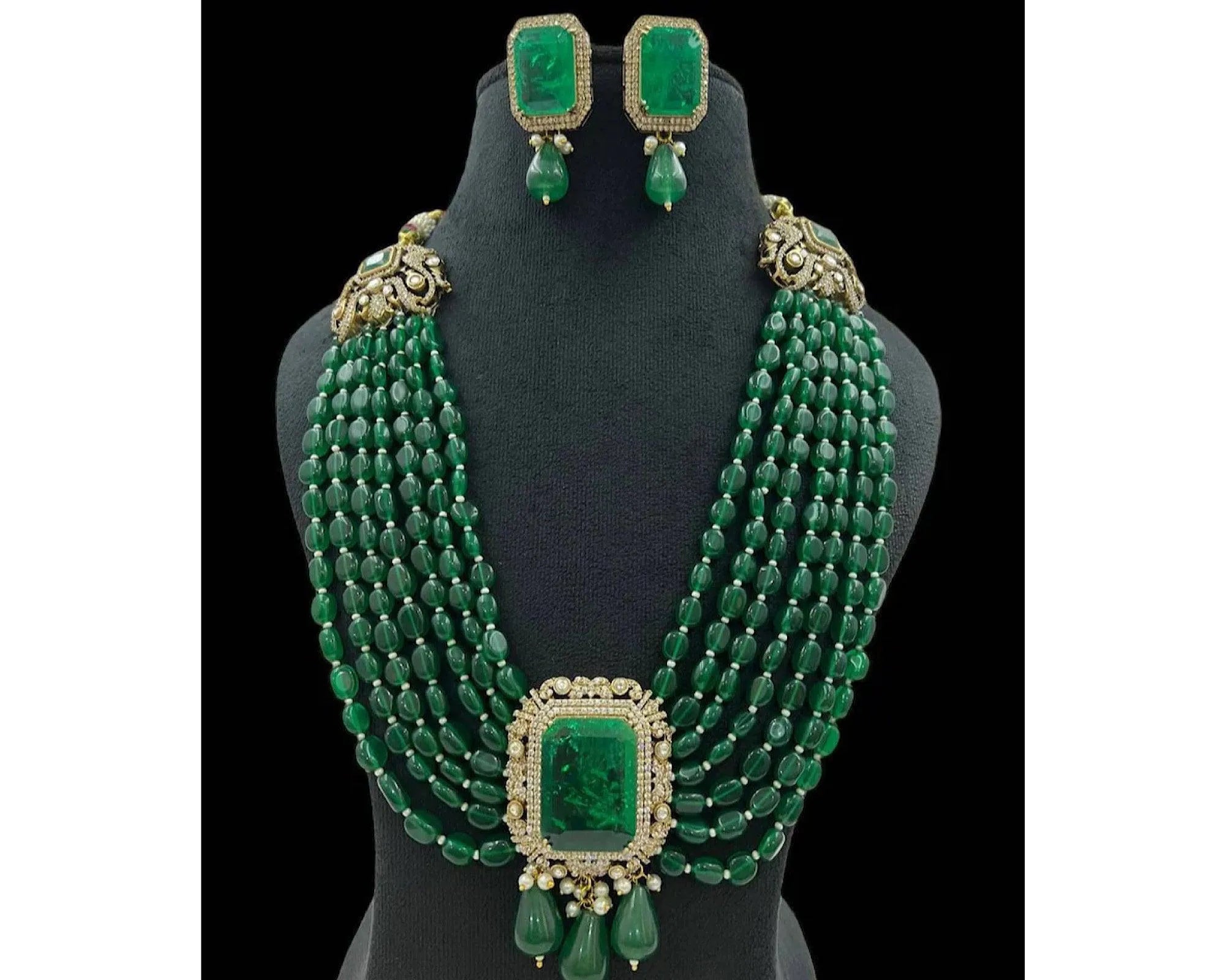 Emerald Green Long Necklace with Earrings