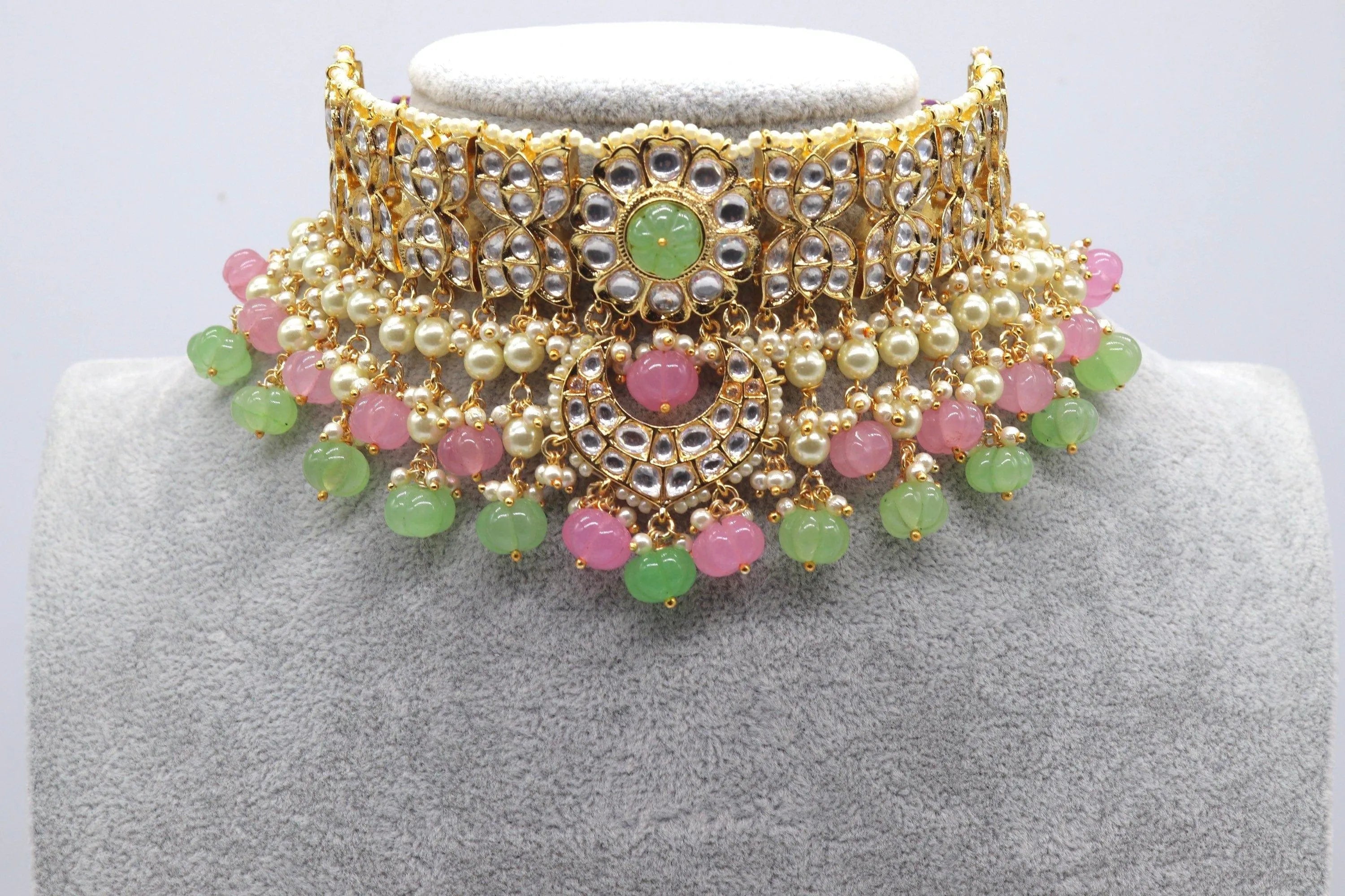 Mint Pink Melon Beads Fine kundan Choker