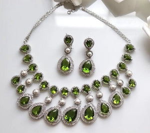 Nyra Peridot Mehendi Green CZ Pearl Necklace