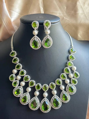 Nyra Peridot Mehendi Green CZ Pearl Necklace
