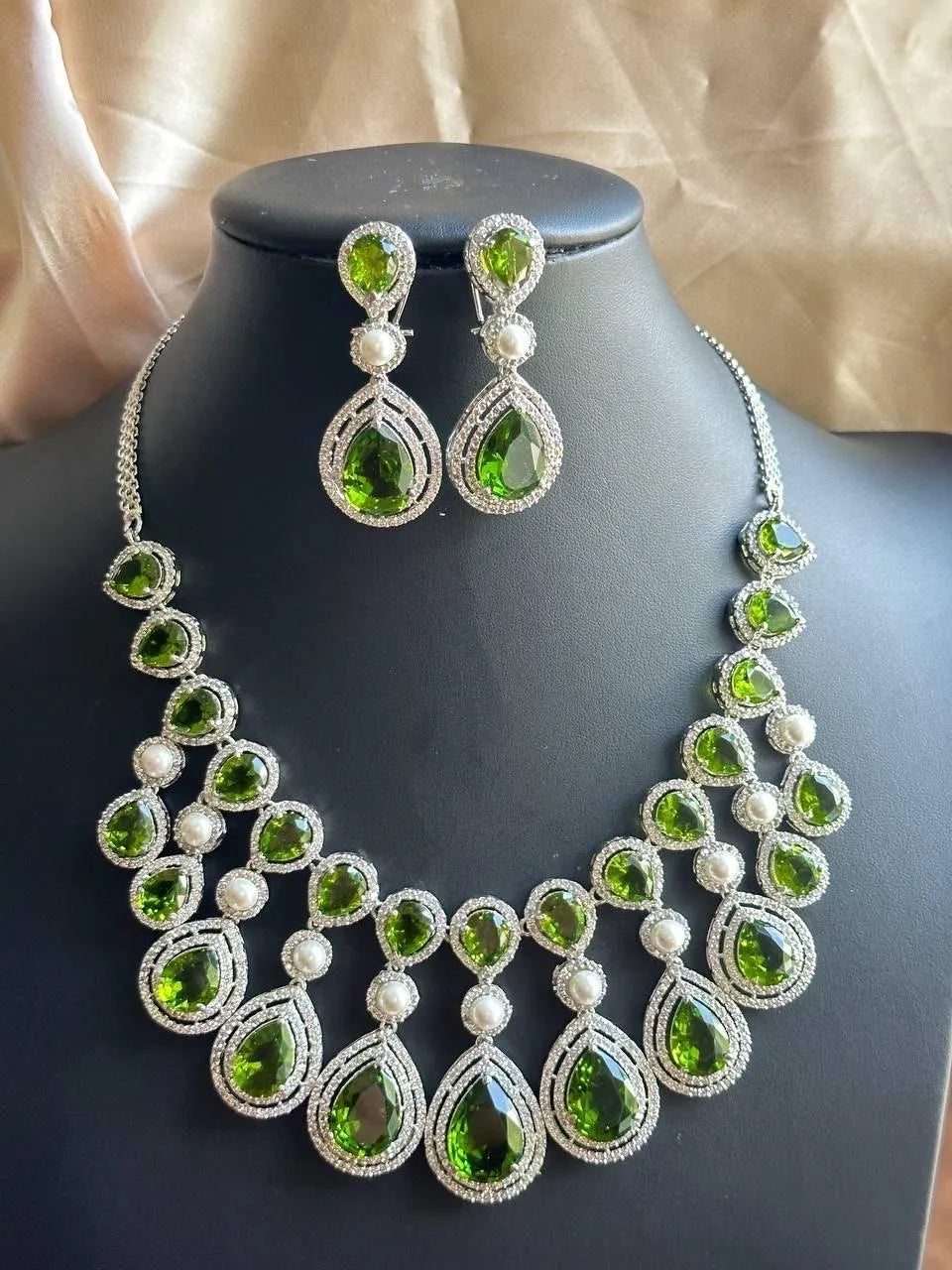 Nyra Peridot Mehendi Green CZ Pearl Necklace