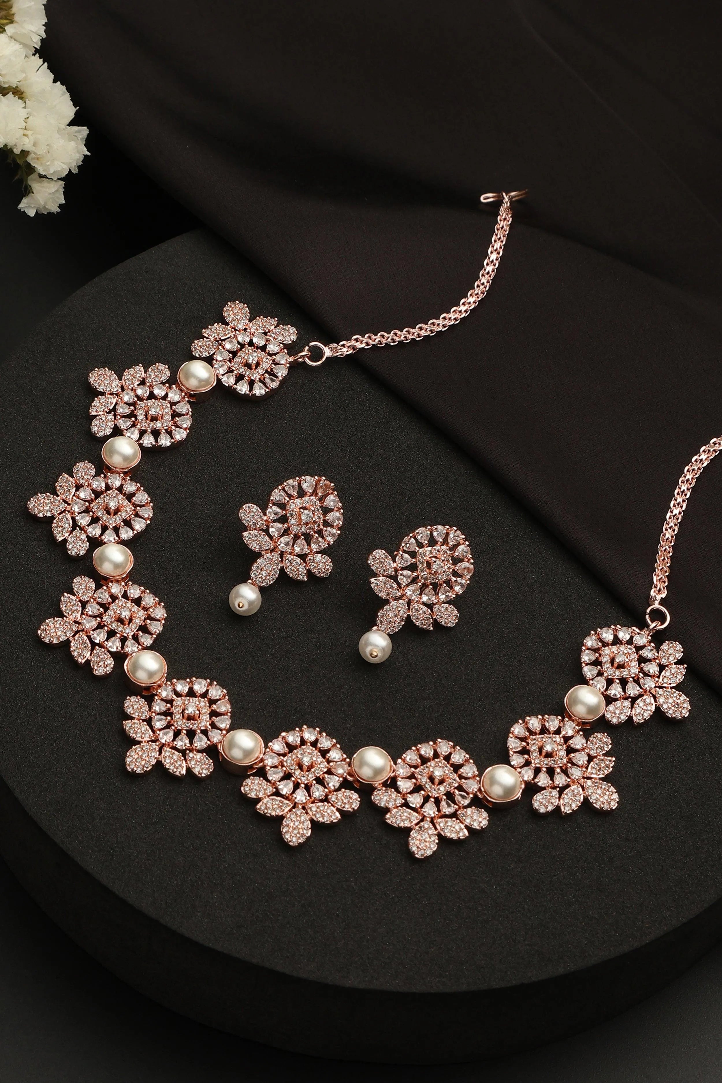 Ovi Rose Gold Pearl CZ Necklace