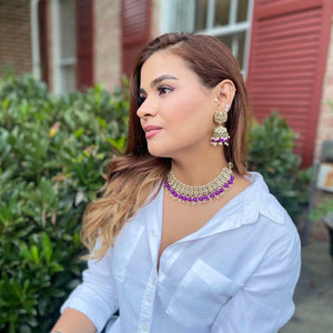 Purple Gold Polki Choker with chaandbali and tikka