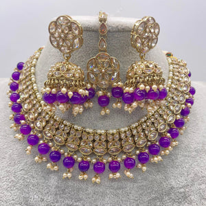 Purple Gold Polki Choker with chaandbali and tikka