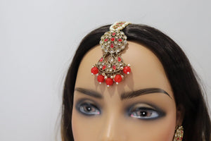 Red Antique Gold Polki Choker with Jhumka and tikka