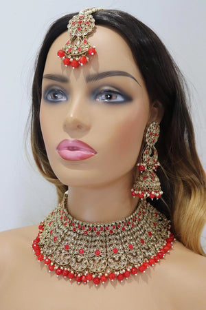 Red Antique Gold Polki Choker with Jhumka and tikka
