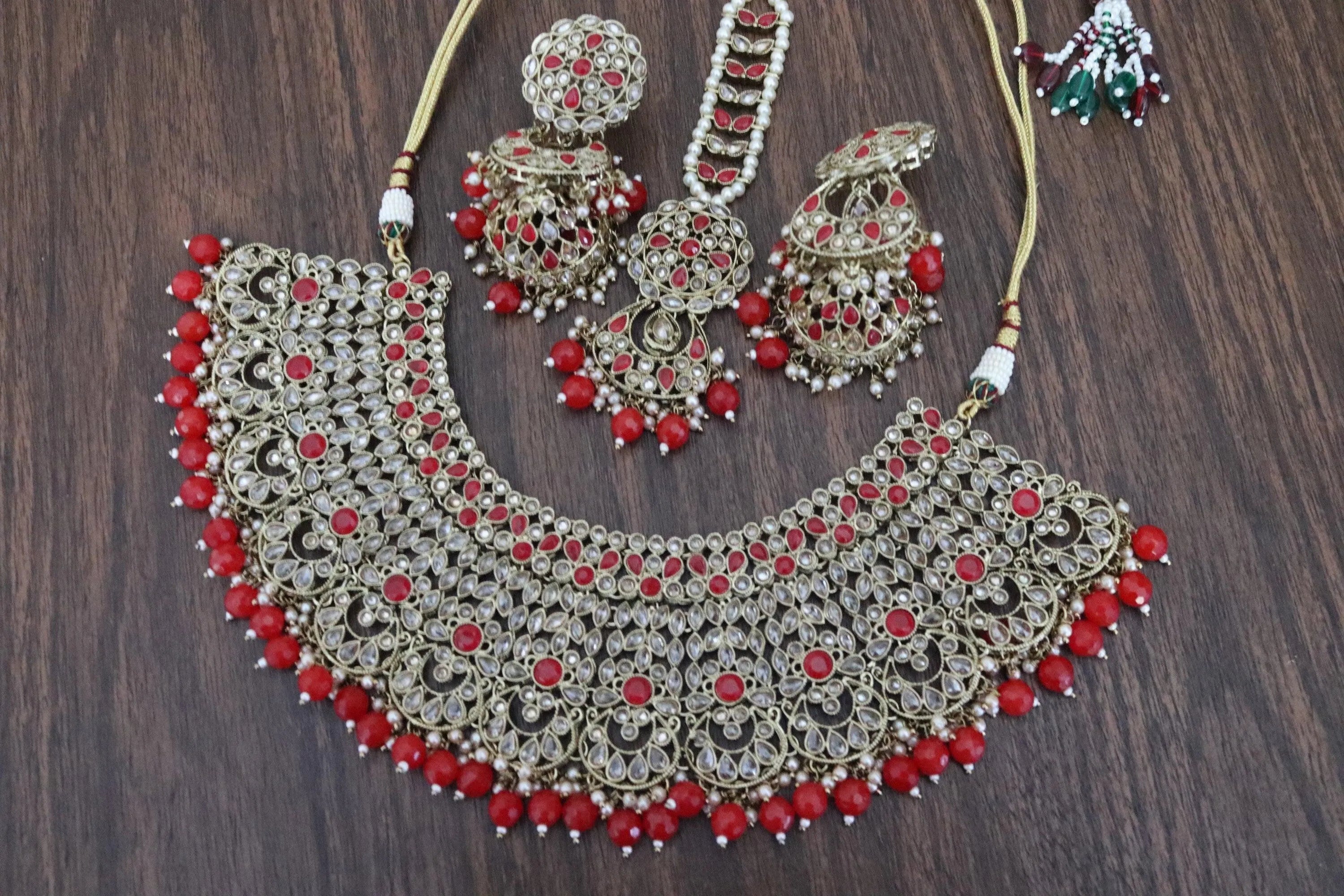 Red Antique Gold Polki Choker with Jhumka and tikka