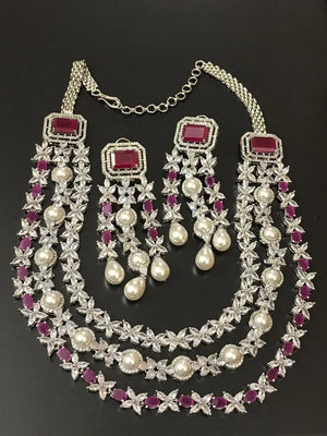 Red Vanya Diamond Pearl Long Necklace Set