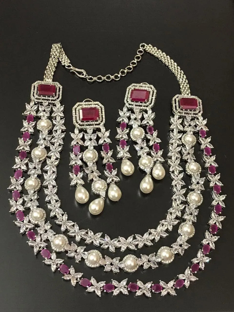 Red Vanya Diamond Pearl Long Necklace Set