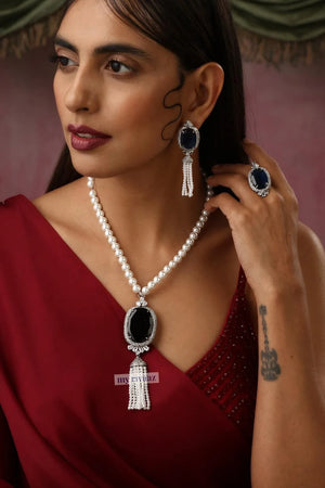 Sapphire Pearl Pendant long Necklace